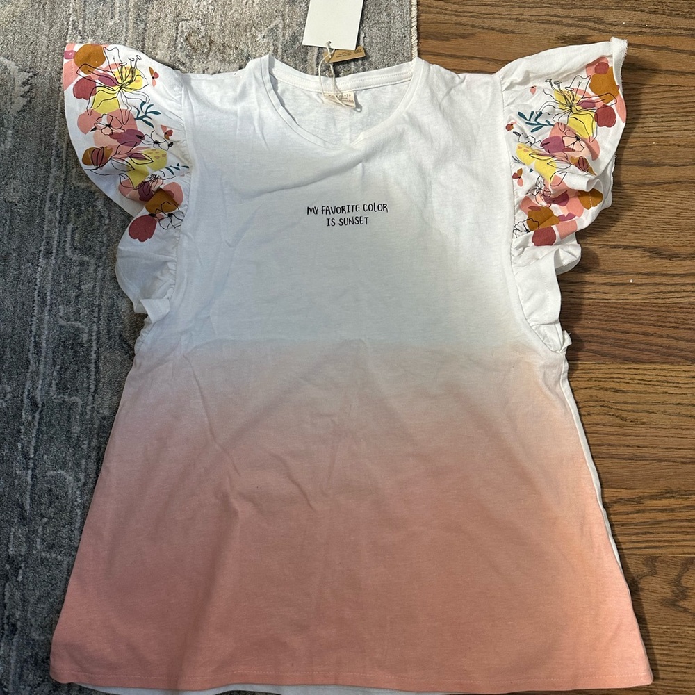 Big Kids White and Pink Ombre T-Shirt with Floral Sleeves